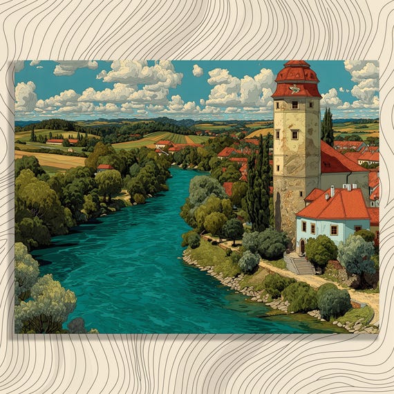 Vintage Countryside River Canvas Wall Art Realism Landscape Print With Historic Tower And Red Roof Buildings Blue Green Nature Scenery
