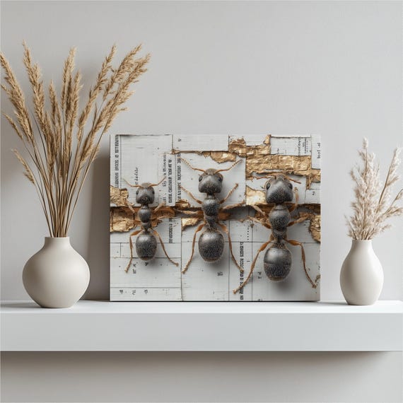Ant Trio Canvas Wall Art Gold Leaf Insect Print On White Background With Grid Pattern Entomology Nature Artwork Modern Bug Collection