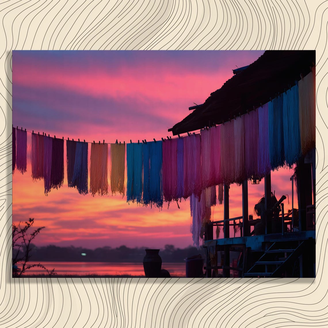 Colorful Dyed Yarn Skeins Sunset River Silhouette Craft Art Poster