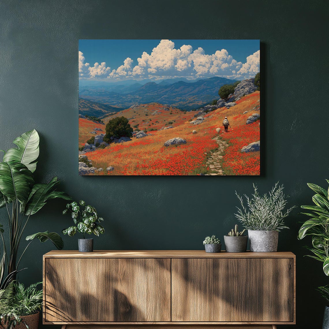 Red Poppy Meadow Hillside Shepherd Mountain Trail Landscape Wall Art