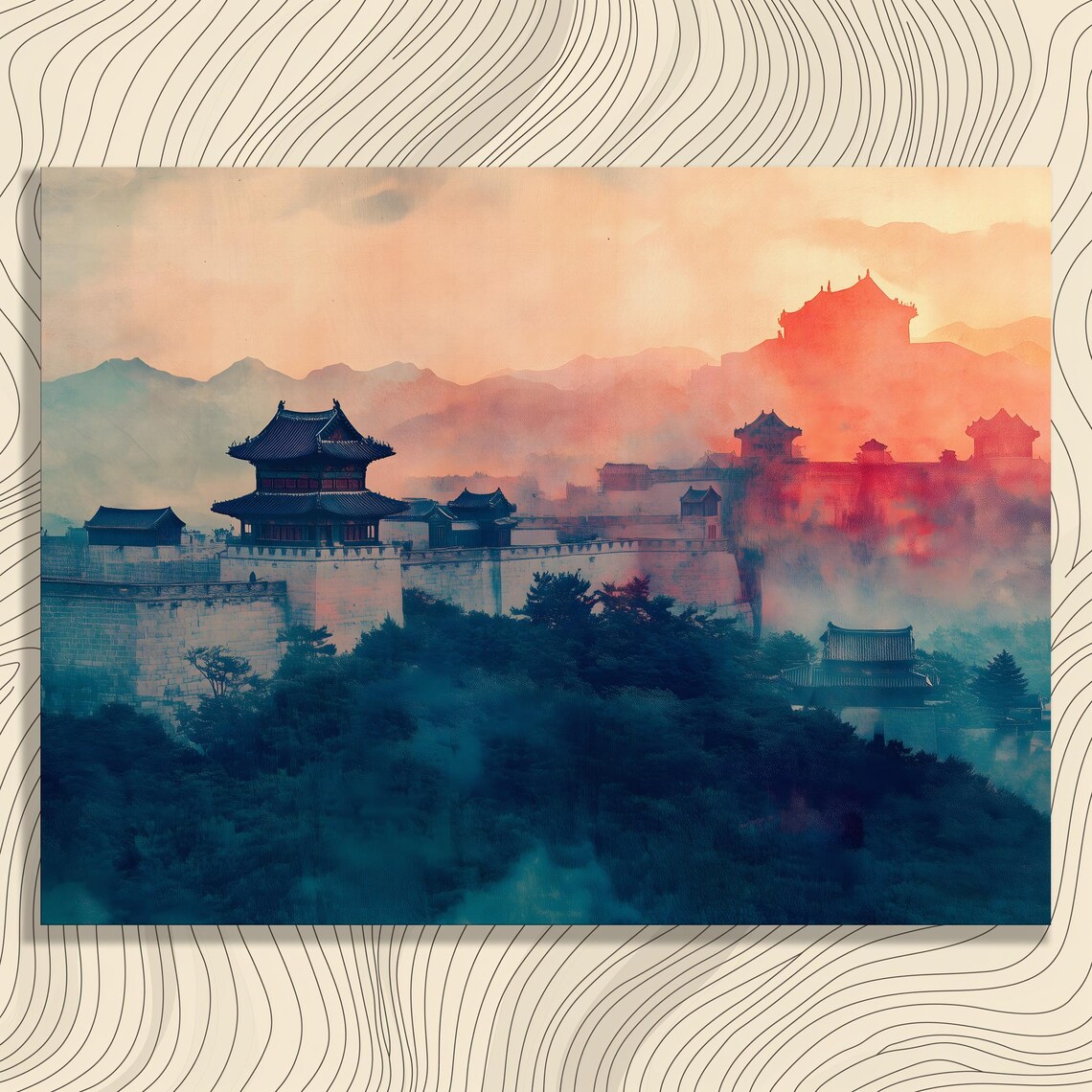 Asian Palace Fortress Sunrise Red Sun Misty Mountains Art Poster