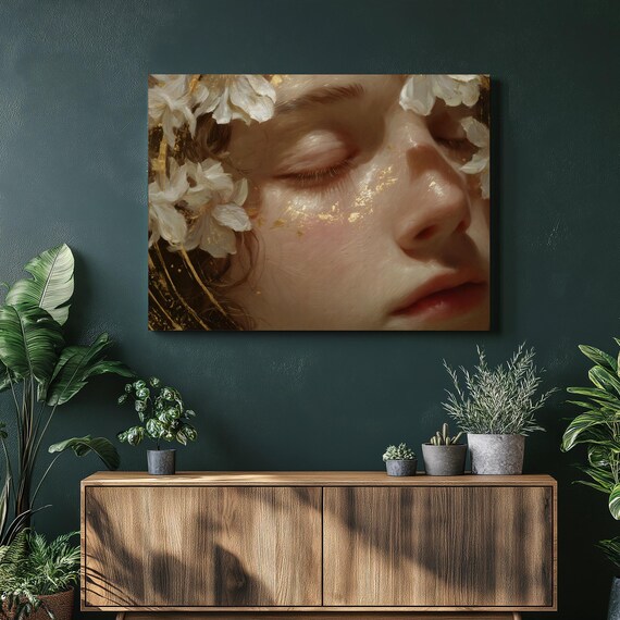 Ethereal Floral Portrait Woman Nouveau Gold Leaf Flowers Poster