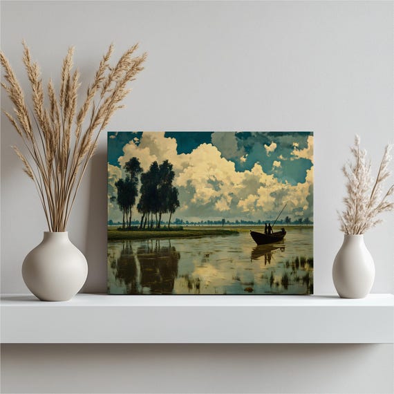 Serene River Boat Canvas Wall Art Traditional Nature Painting Landscape With Willow Trees Water Reflection Clouds Sky Print