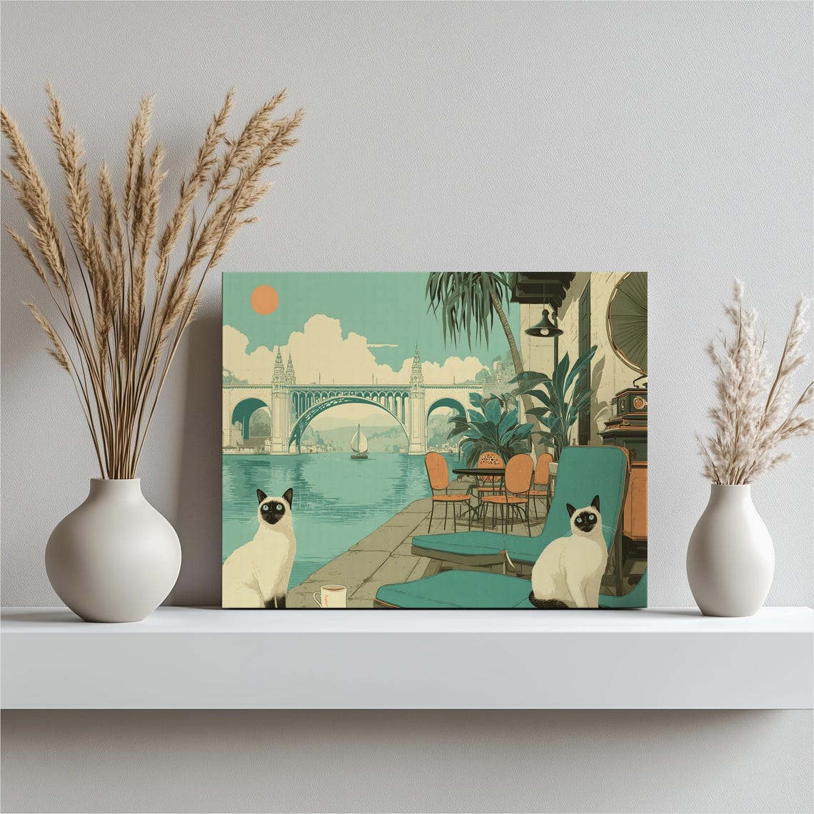 Two Siamese Cats by Arched Harbour Bridge Retro Travel Poster
