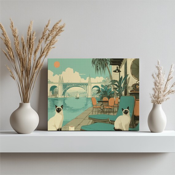 Two Siamese Cats by Arched Harbour Bridge Retro Travel Poster
