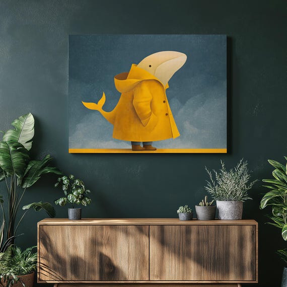 Playful Whale Canvas Wall Art Whimsical Raincoat Animal Print Decor Illustration Poster Modern Nautical Gift Kids