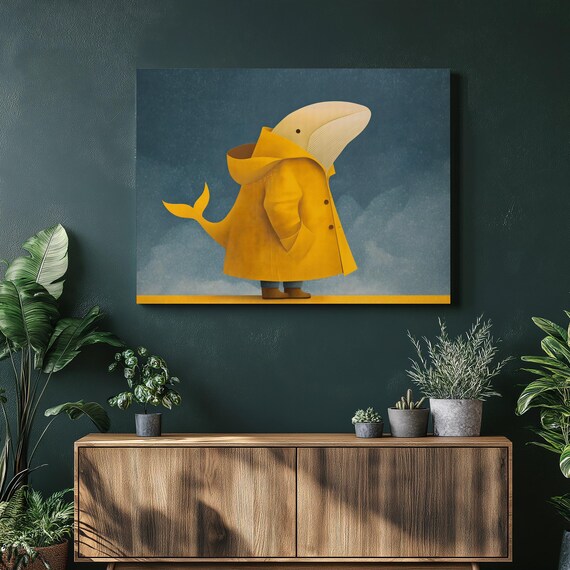 Whale In A Yellow Raincoat Whimsical Nautical Kids Room Art Poster