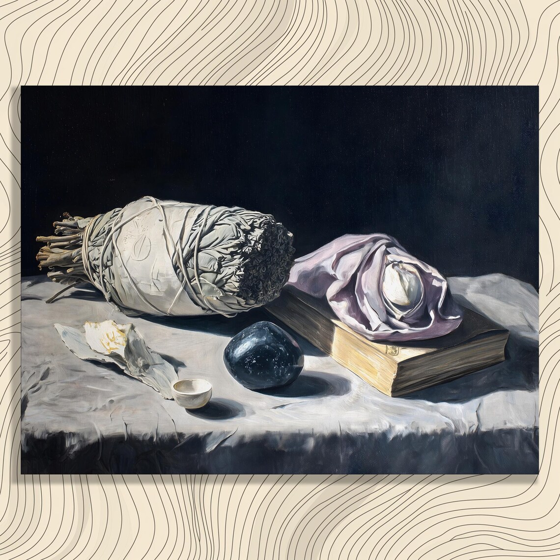 White Sage Smudge Stick Still Life Painting with Obsidian Stone Poster