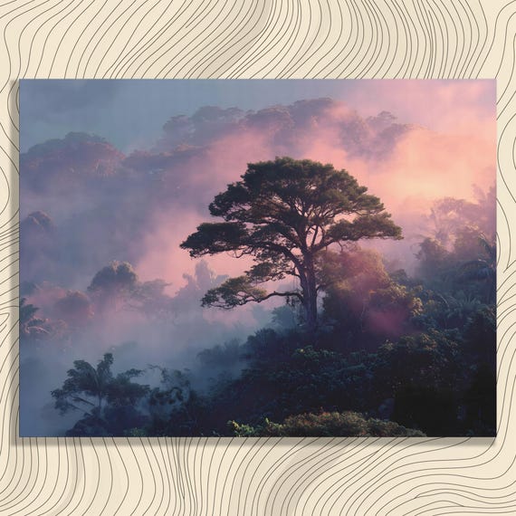 Misty Tropical Rainforest Canvas Wall Art Sunrise Jungle Decor Landscape Print Tree Silhouette Painting Nature Inspired Gift