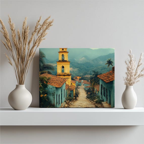 Trinidad Colonial Town Canvas Wall Art Cobblestone Street Bell Tower Caribbean Mountain View Tropical Architecture Cityscape Print
