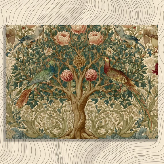 Vintage Peacock Botanical Canvas Wall Art Nouveau Floral Tree Of Life With Birds And Peonies William Morris Inspired Print