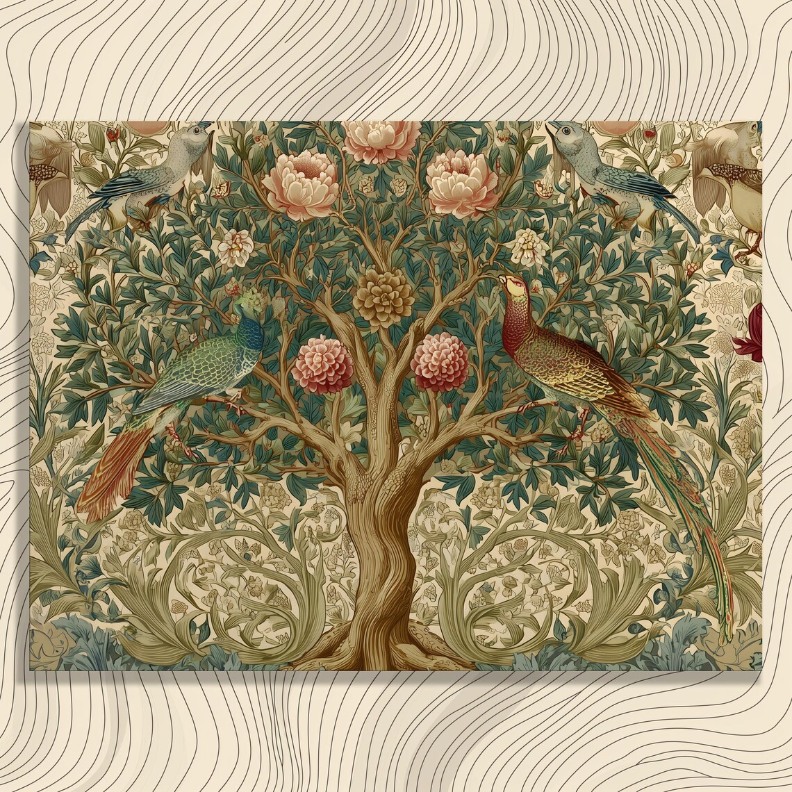 William Morris Style Tree of Life Birds Peonies Vintage Poster