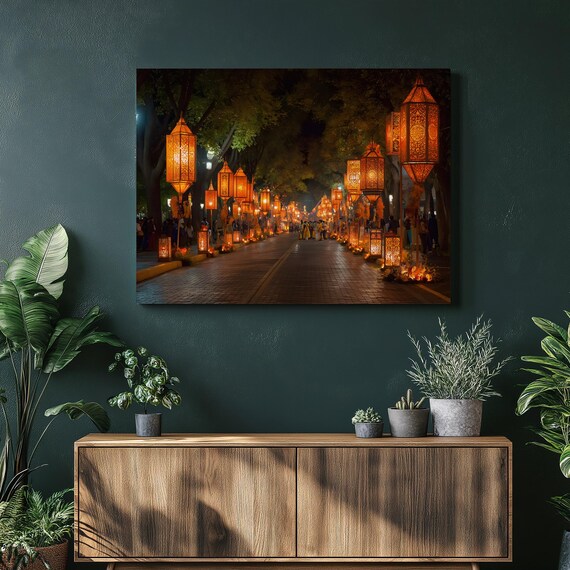 Glowing Lantern Street Night Festival Warm Lights Canvas Poster
