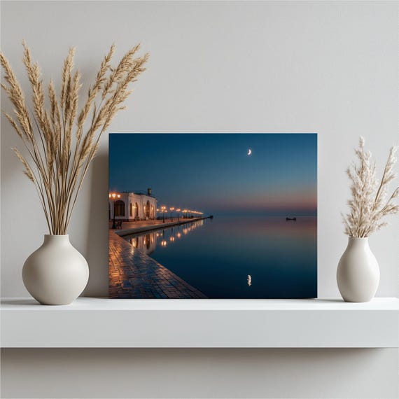 Moonlit Pier Seascape Canvas Wall Art Coastal Minimalist Ocean Print Water Reflection Decor Tranquil Blue Night Painting Gift Beach Lovers
