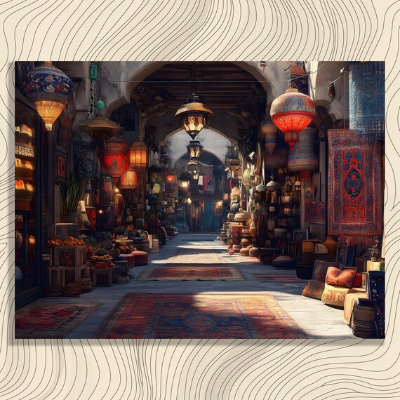 Colorful Bazaar Market Alley Festive Lanterns Oriental Rugs Poster