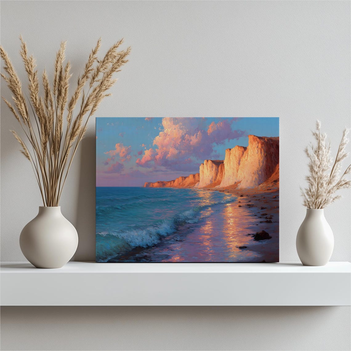 White Coastal Cliffs Sunset Golden Light Ocean Seascape Poster