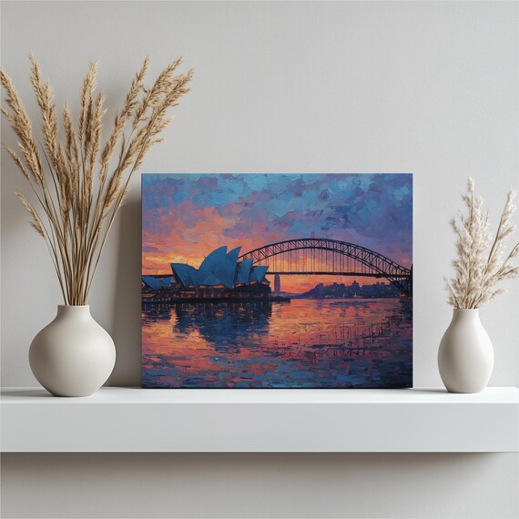 Sydney Opera House Canvas Wall Art Harbor Bridge Dusk Cityscape Print Coastal Blue Orange Decor Water Reflections Skyline Australia