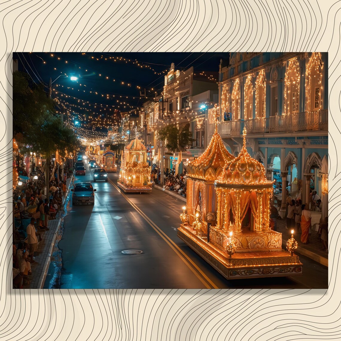 Golden Festival Parade Night Glowing Temple Floats Street Poster
