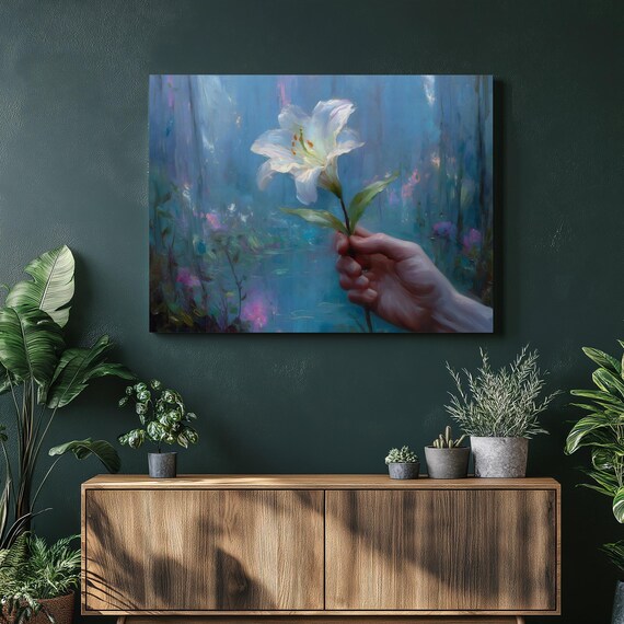 Hand Holding White Lily Dreamy Blue Forest Botanical Painting Poster