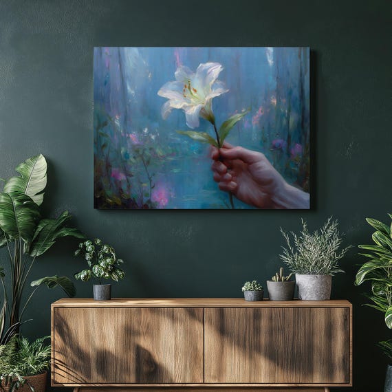White Lily Hand Canvas Wall Art Dreamy Blue Botanical Painting Modern Watercolor Style Serene Bloom Design Home Decor