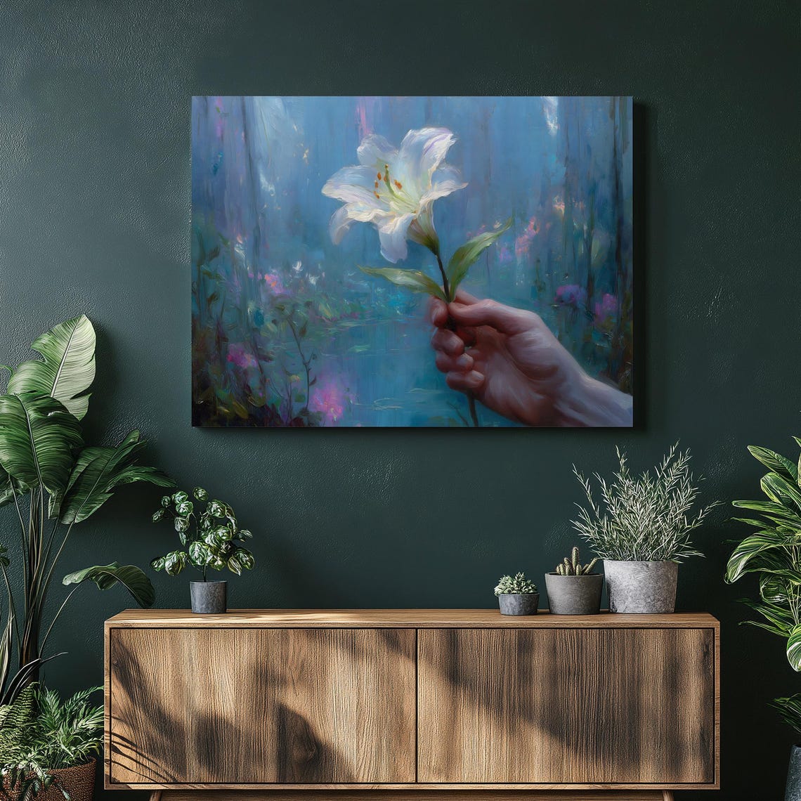Hand Holding White Lily Dreamy Blue Forest Botanical Painting Poster
