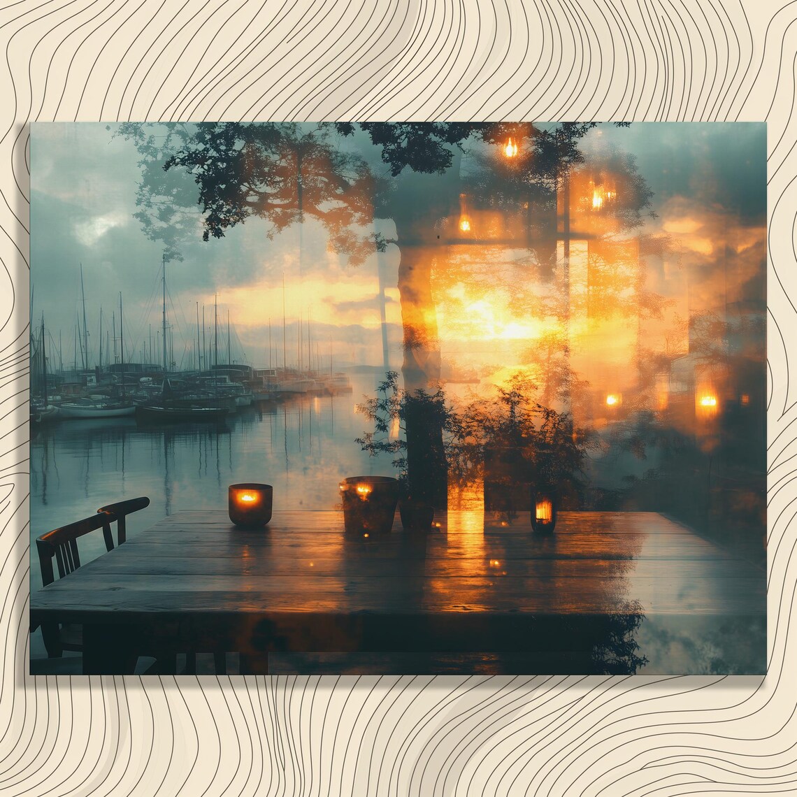 Sunset Marina Boats Candlelit Table Double Exposure Dreamy Coastal Poster