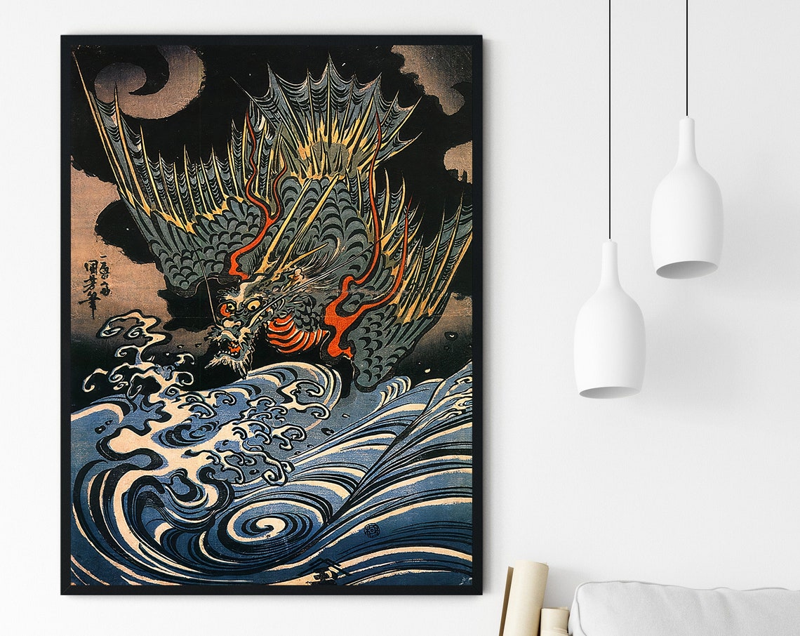 Japanese Dragon Storm Waves Vintage Woodblock Style Art Print - Image 3