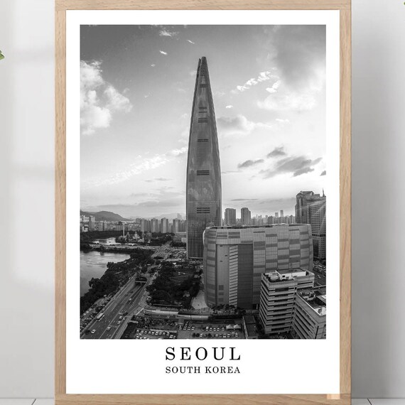 Seoul South Korea Lotte Tower Skyline Black And White Photo Poster