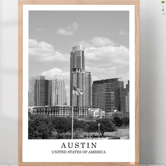 Austin Texas Downtown Skyline Black and White Photography Poster