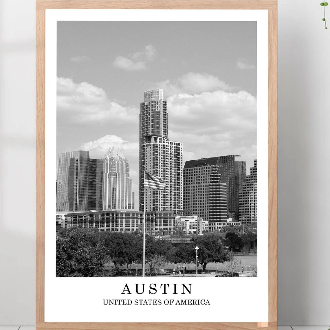 Austin Texas Downtown Skyline Black and White Photography Poster