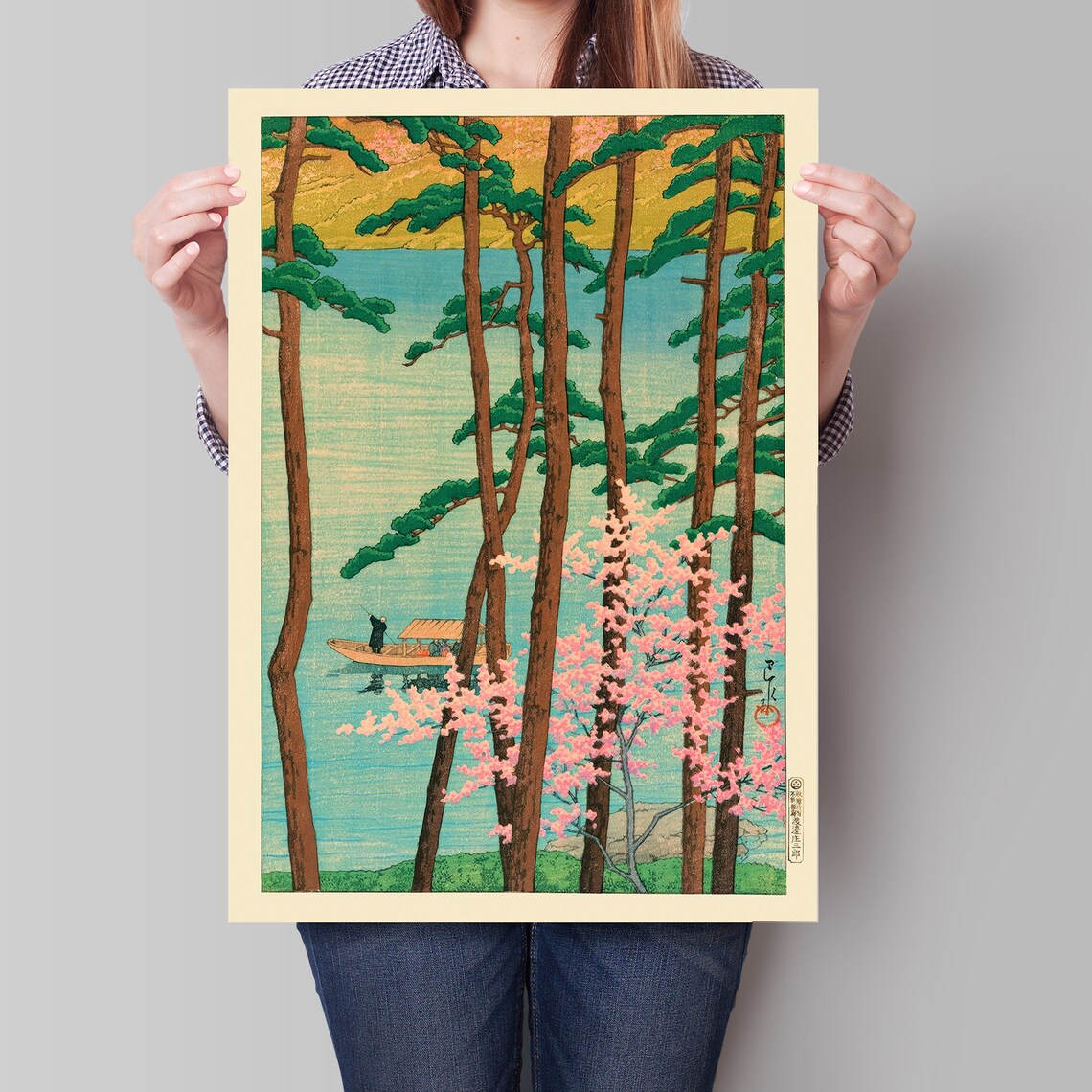 Kawase Hasui Cherry Blossom Pines Lake Boat Vintage Woodblock Art Poster - Image 4