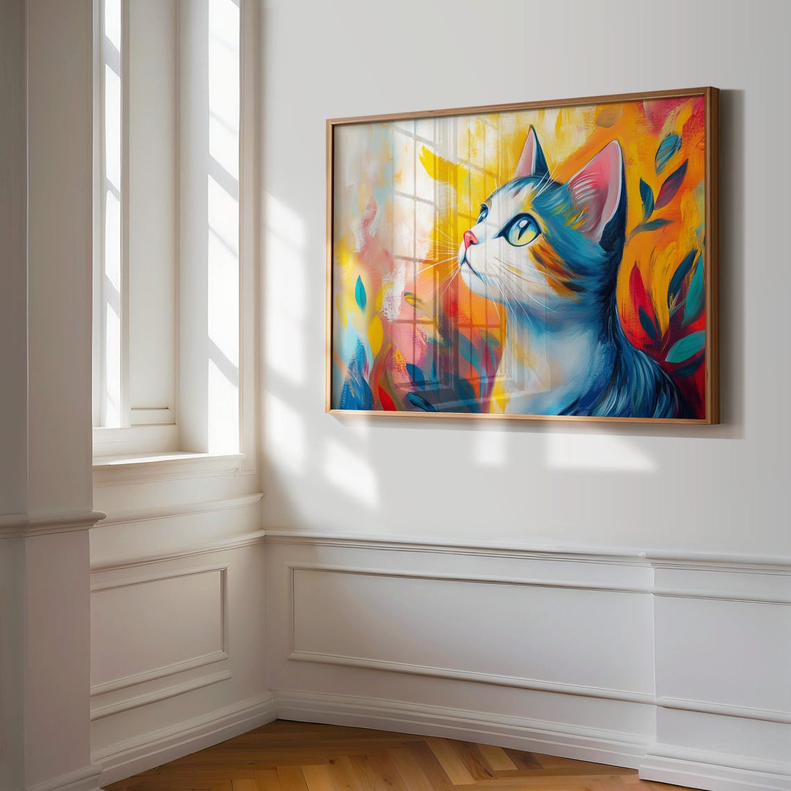 Blue Tabby Cat Looking Up Sunrise Abstract Painterly Dreamy Art Poster - Image 3