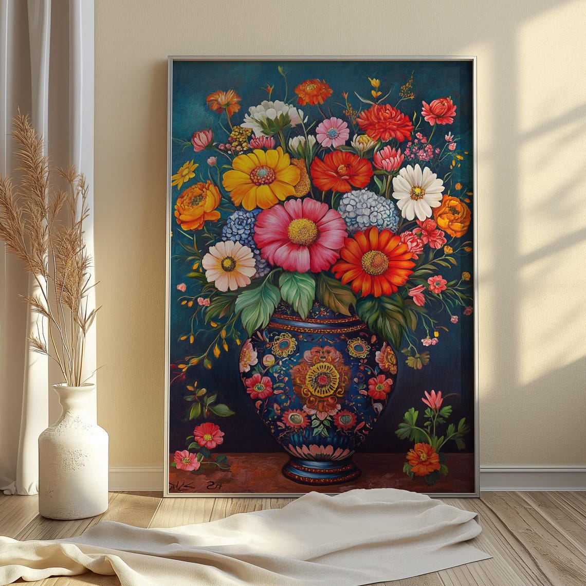 Multicolor Zinnia Garden Bouquet Ornate Blue Mexican Vase Teal Poster - Image 3