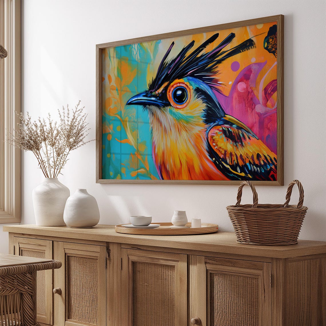 Crested Bird Portrait Orange Teal Abstract Close Up View Poster