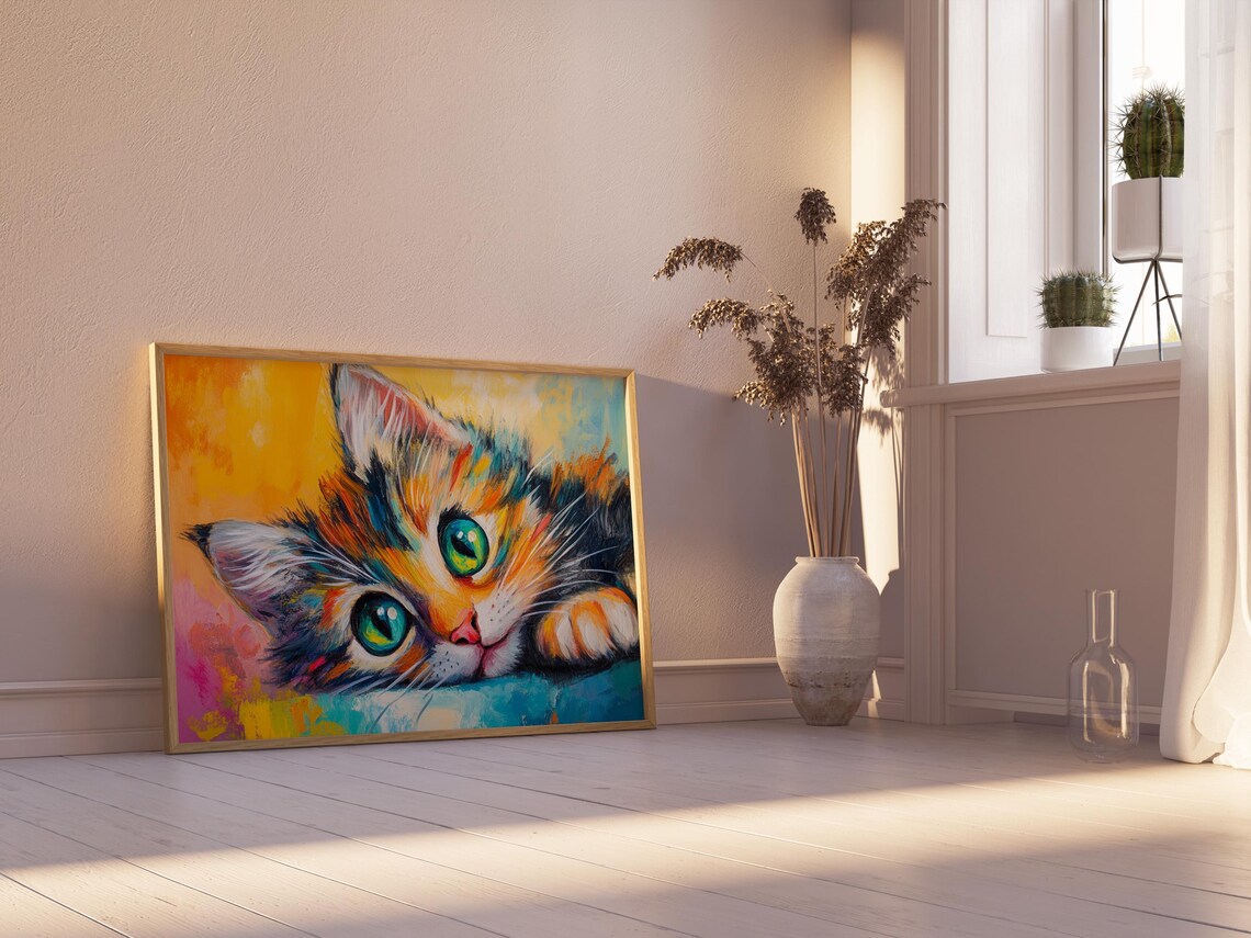Calico Kitten Lying Down Tilted Head Big Green Eyes Colorful Art Poster - Image 2