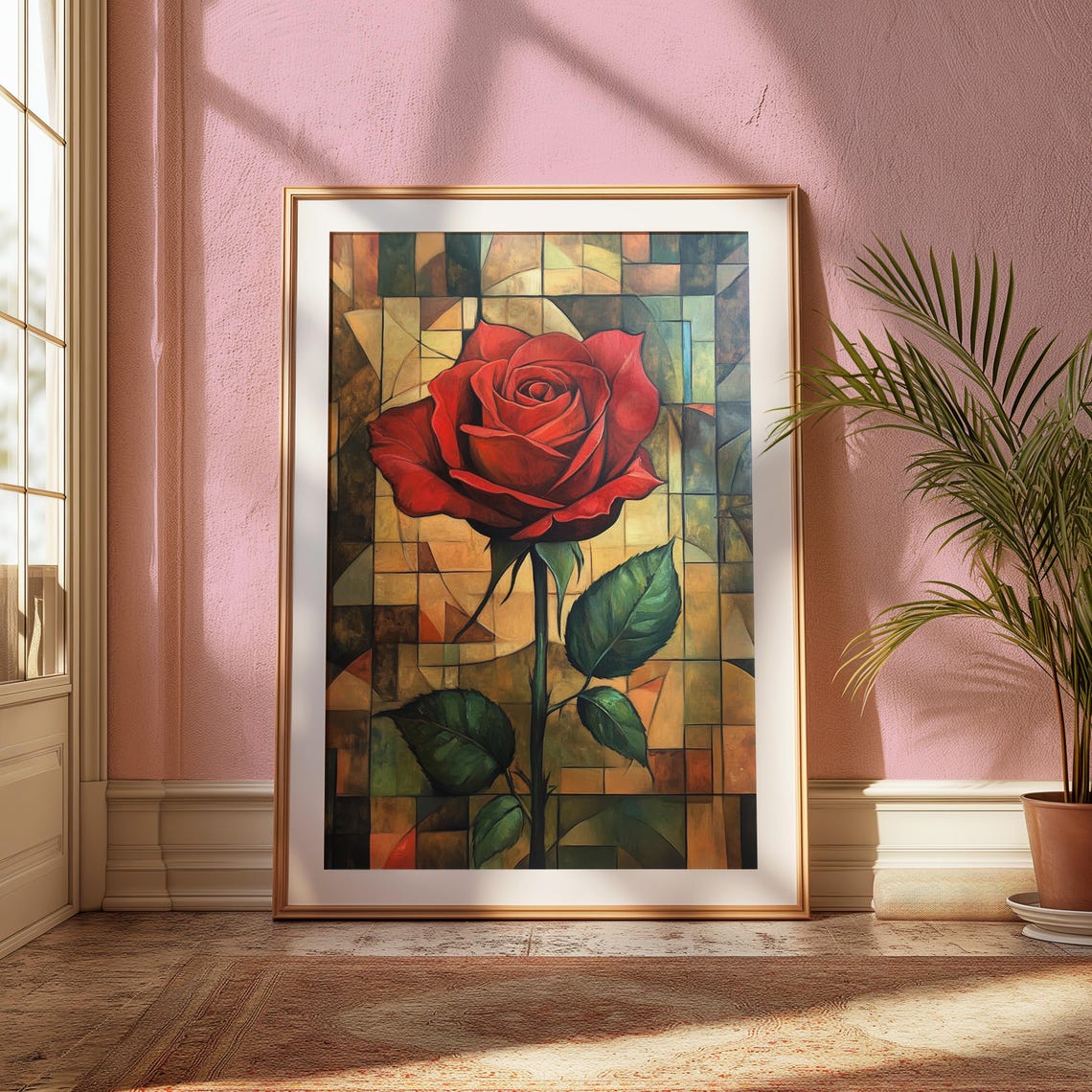 Romantic Red Rose Stained Glass Amber Mosaic Background Floral Poster - Image 2