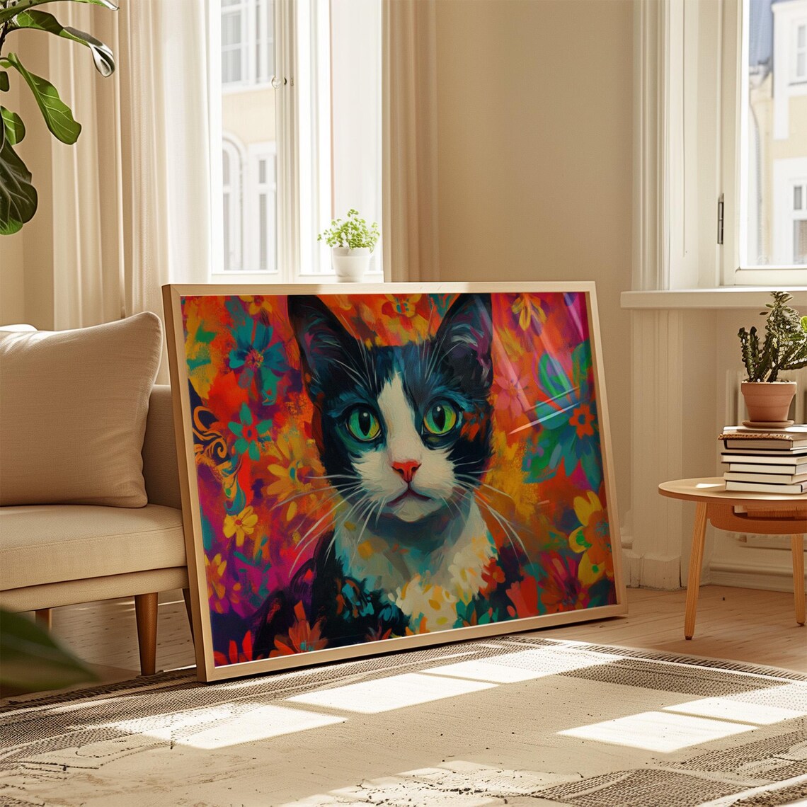 Tuxedo Cat Green Eyes Painterly Portrait Colorful Flower Garden Poster - Image 4