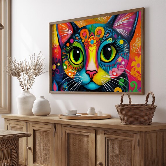Vivid Cat Face Neon Carnival Patterns Huge Glowing Green Eyes Poster
