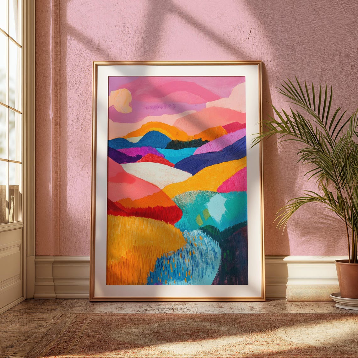 Abstract Colorful Rolling Hills Lake Sunset Landscape Art Print - Image 2