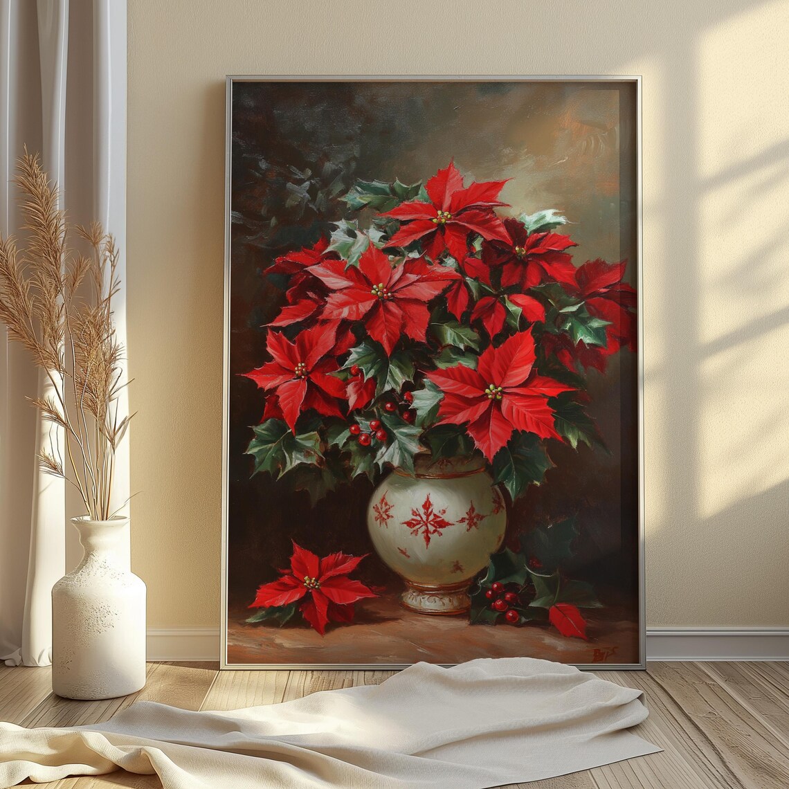 Red Poinsettia Snowflake Vase Holly Christmas Still Life Poster - Image 3