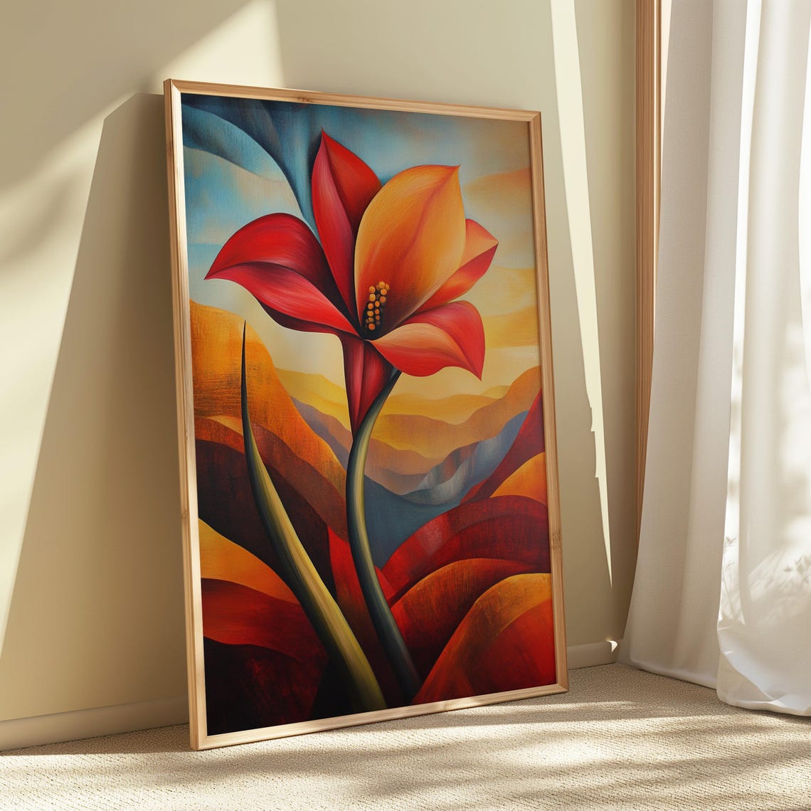 Red Amaryllis Wavy Sunset Landscape Modernist Floral Art Poster - Image 5