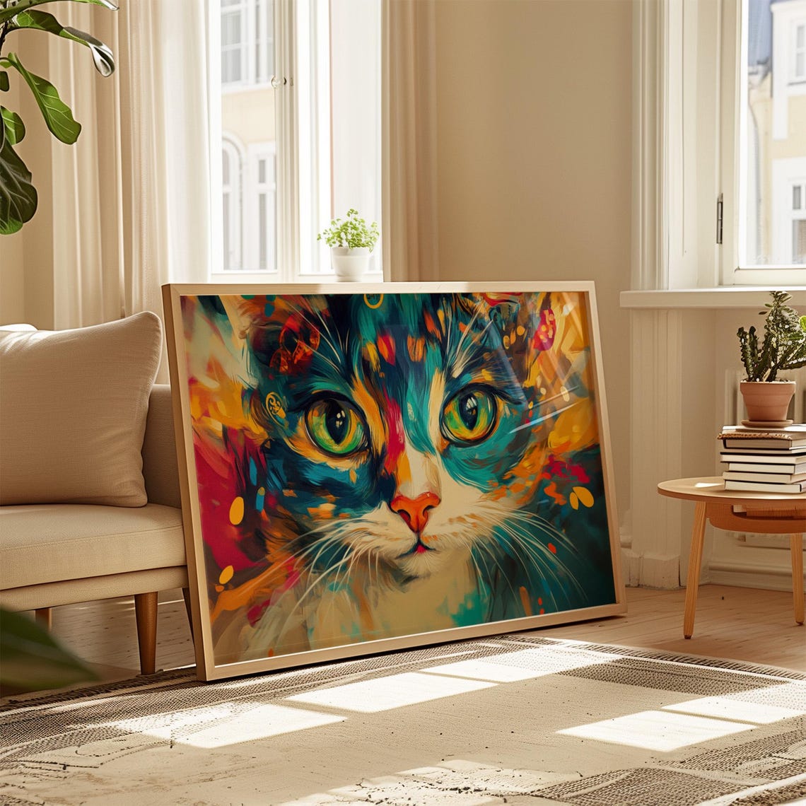 Cat Face Close Up Teal Orange Abstract Brushstroke Painting Poster - Image 4