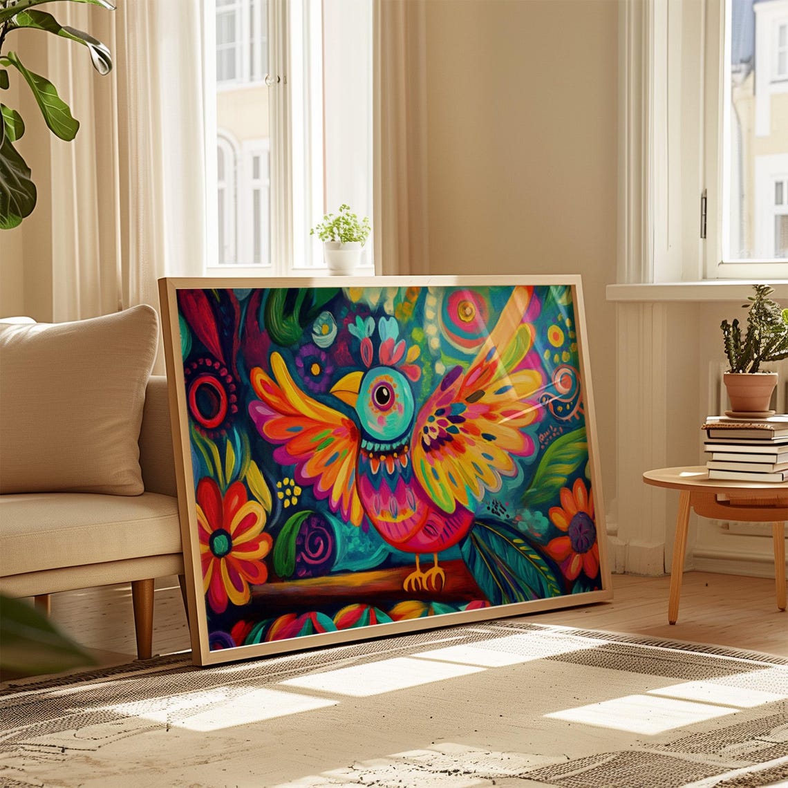 Rainbow Winged Folk Bird Big Eye Teal Floral Garden Meadow Poster - Image 4