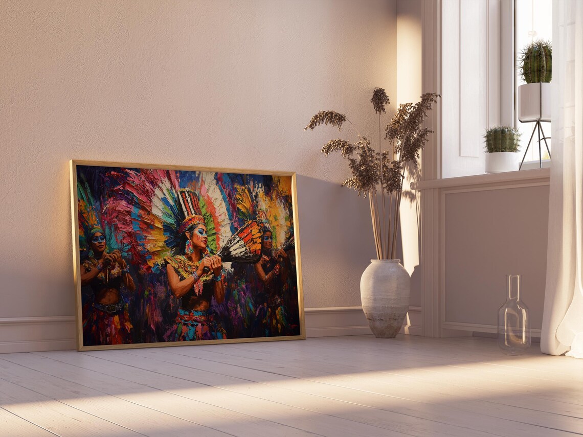 Mexican Festival Dancers Painting Feathered Headdresses Colorful Wall Art - Image 2