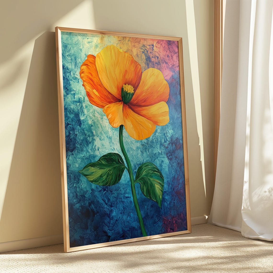 Golden Orange Poppy Bloom Textured Teal Background Floral Art Poster - Image 5
