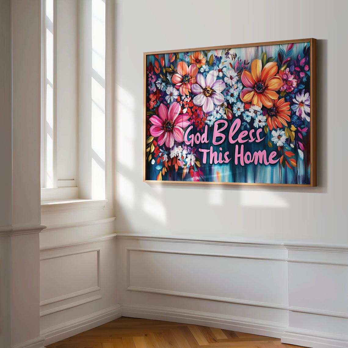 God Bless This Home Pink Daisy Dark Teal Wildflower Floral Print - Image 3