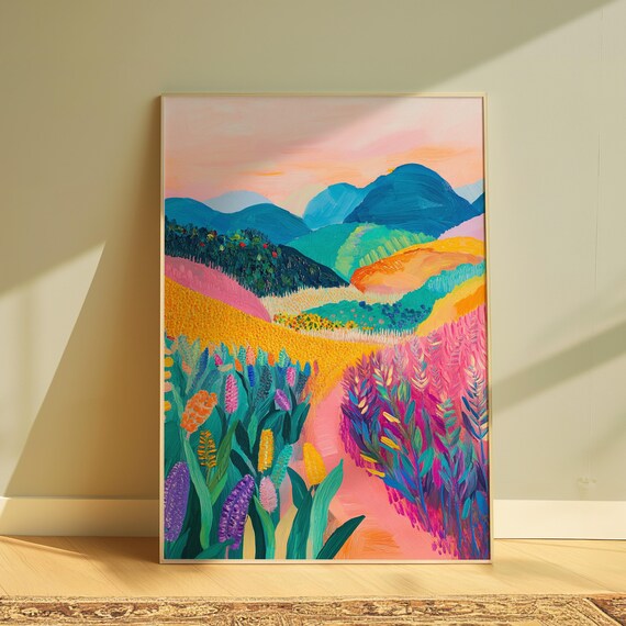 Pastel Pink Countryside Valley Teal Hills Soft Meadow Art Print