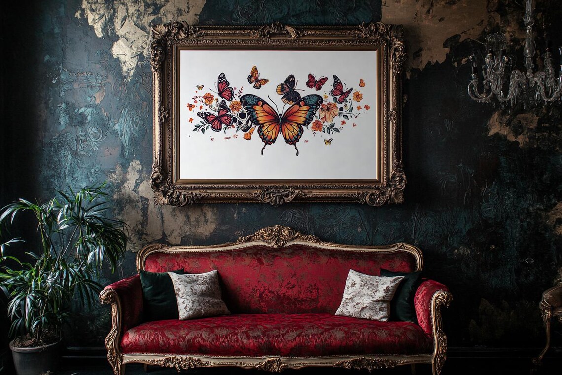 Day of the Dead Butterflies Watercolor Floral Sugar Skull Style Poster