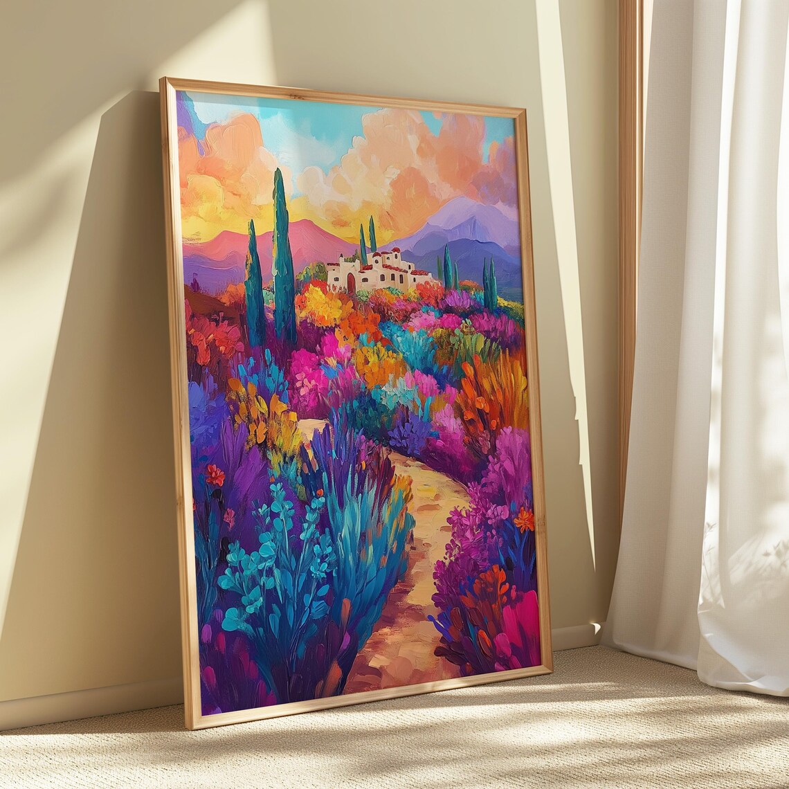 Hilltop Hacienda Red Roofs Flower Path Cypress Trees Sunset Hills Landscape Poster - Image 5