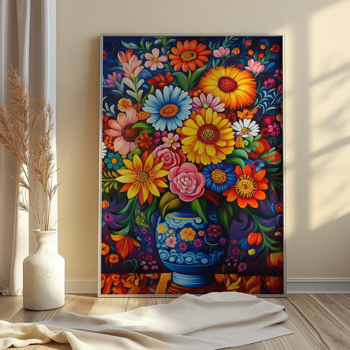 Deep Navy Mexican Folk Art Floral Bouquet In Ornate Blue Vase Print - Image 3